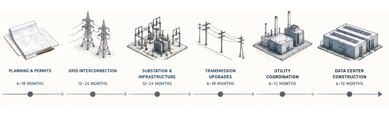 Traditional grid deployment process showing planning & permits, grid interconnection, substation & infrastructure, transmission upgrades, utility coordination, and data center construction over 3-7 years.